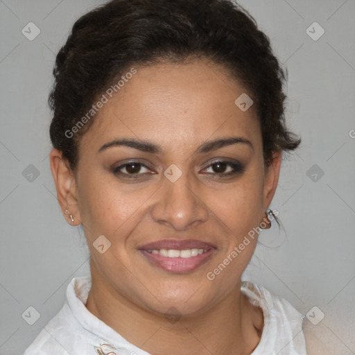 Joyful latino young-adult female with short  brown hair and brown eyes