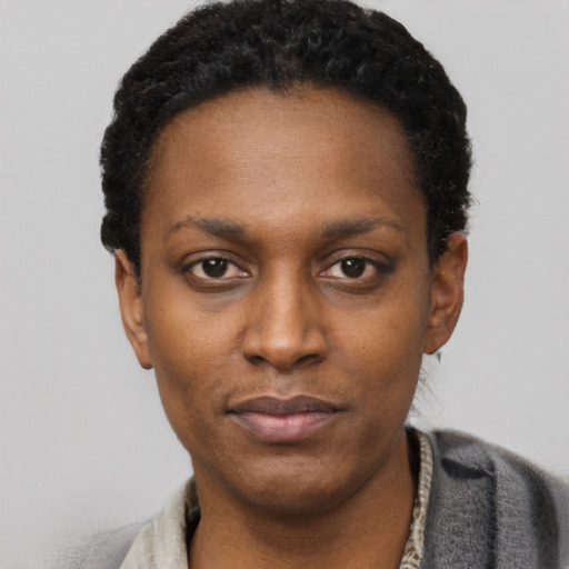 Neutral black young-adult female with short  black hair and brown eyes