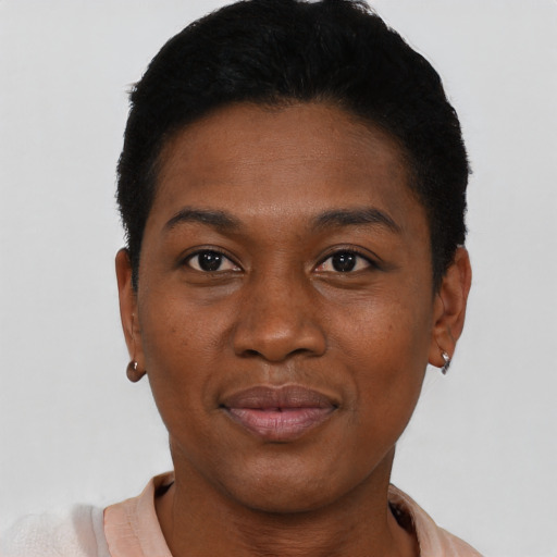 Joyful black young-adult female with short  black hair and brown eyes