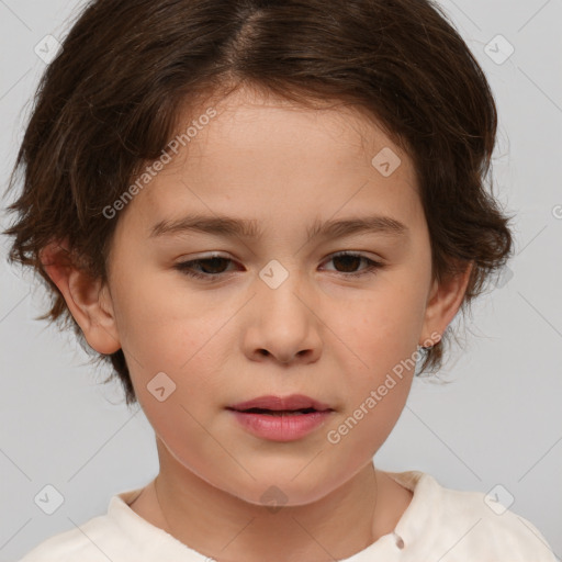 Joyful white child female with medium  brown hair and brown eyes