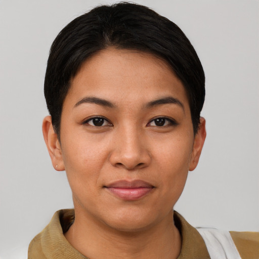 Joyful asian young-adult female with short  black hair and brown eyes