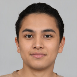 Neutral asian young-adult male with short  black hair and brown eyes