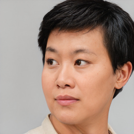 Neutral asian young-adult male with short  black hair and brown eyes