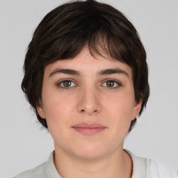 Neutral white young-adult female with medium  brown hair and brown eyes