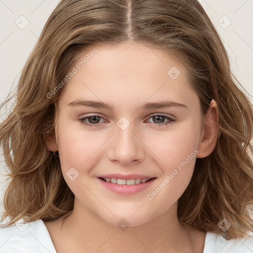 Joyful white child female with medium  brown hair and brown eyes