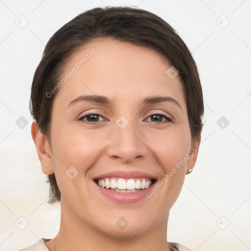 Joyful white young-adult female with short  brown hair and brown eyes