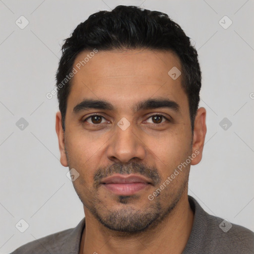 Neutral latino young-adult male with short  black hair and brown eyes