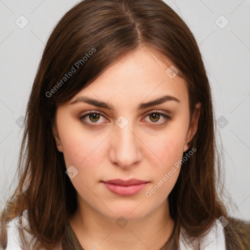 Neutral white young-adult female with long  brown hair and brown eyes