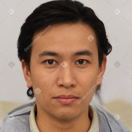 Neutral asian young-adult male with short  brown hair and brown eyes