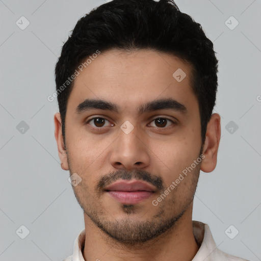 Neutral latino young-adult male with short  black hair and brown eyes