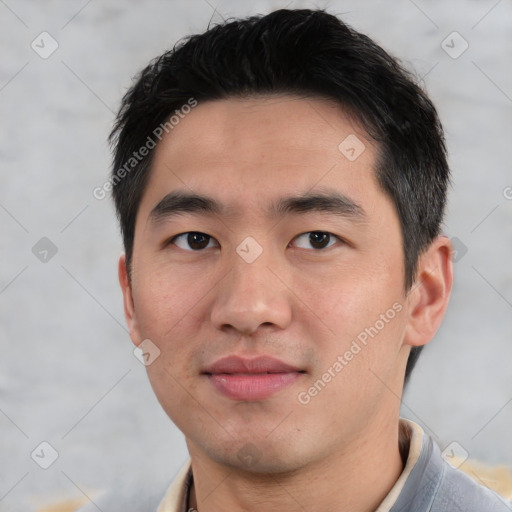 Neutral asian young-adult male with short  black hair and brown eyes