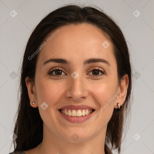 Joyful white young-adult female with medium  brown hair and brown eyes