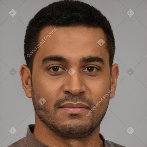 Neutral latino young-adult male with short  brown hair and brown eyes