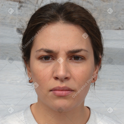 Neutral white young-adult female with medium  brown hair and brown eyes