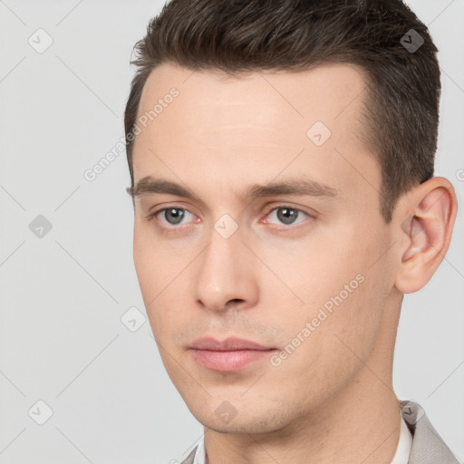 Neutral white young-adult male with short  brown hair and brown eyes