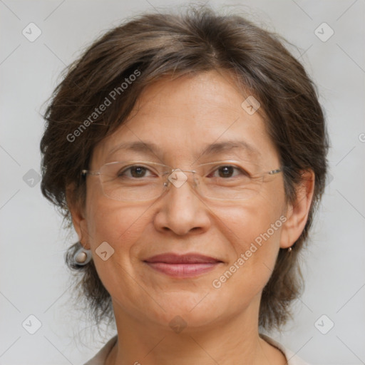 Joyful white adult female with medium  brown hair and brown eyes