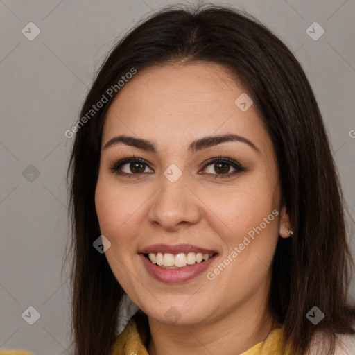 Joyful white young-adult female with long  brown hair and brown eyes