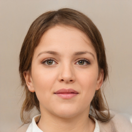 Neutral white young-adult female with medium  brown hair and brown eyes