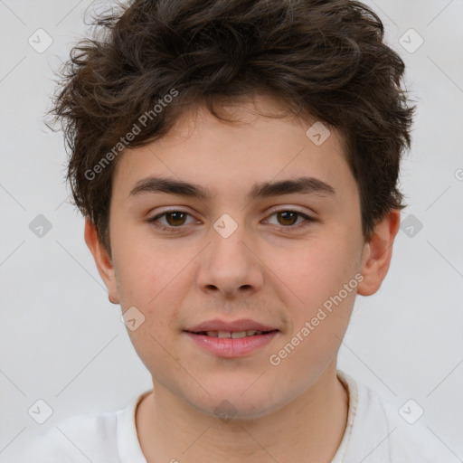 Joyful white child male with short  brown hair and brown eyes