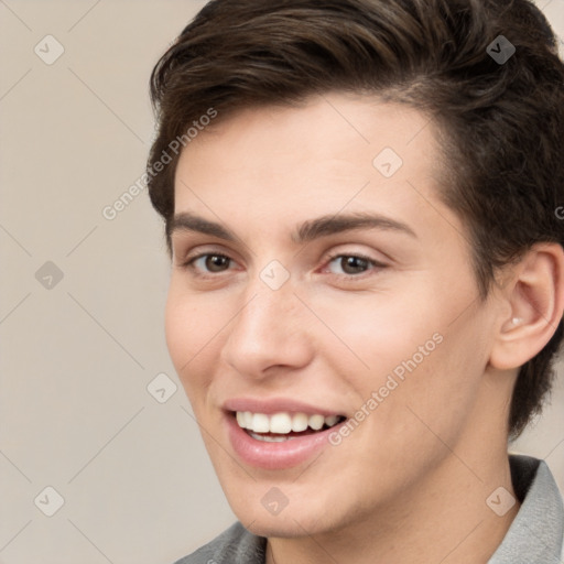 Joyful white young-adult female with short  brown hair and brown eyes