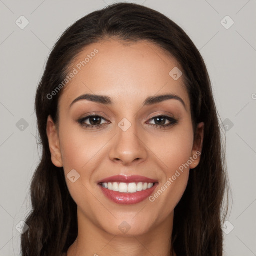 Joyful white young-adult female with long  brown hair and brown eyes