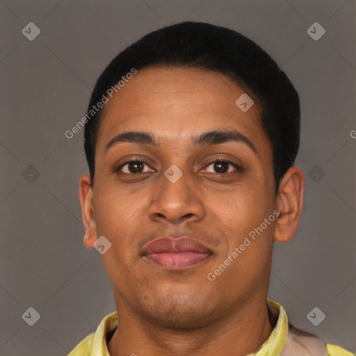 Joyful black young-adult female with short  brown hair and brown eyes