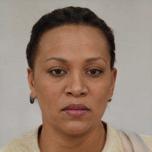 Joyful black adult female with short  brown hair and brown eyes