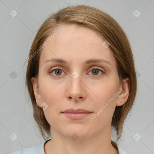 Neutral white young-adult female with medium  brown hair and brown eyes