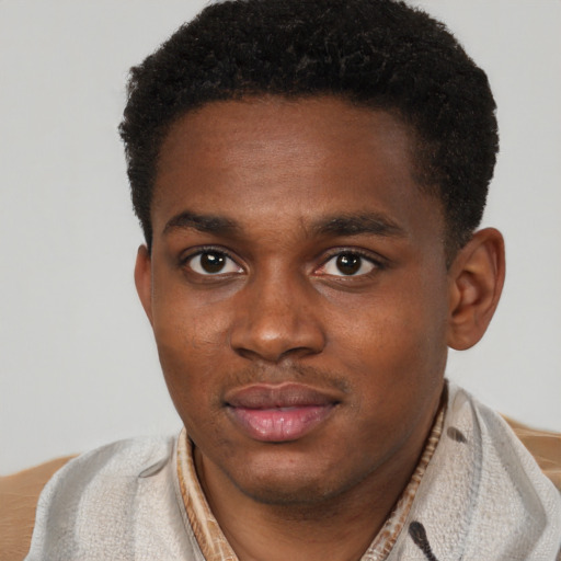 Joyful black young-adult male with short  brown hair and brown eyes