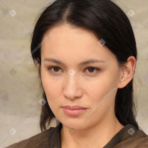 Neutral white young-adult female with medium  brown hair and brown eyes