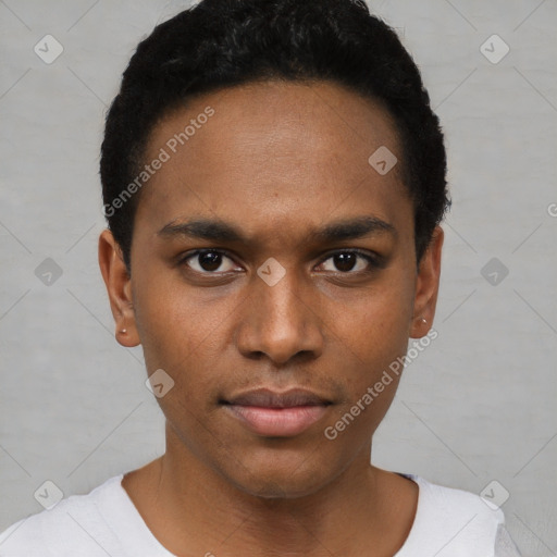 Neutral black young-adult male with short  black hair and brown eyes