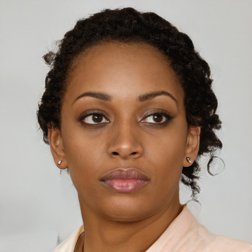 Neutral black young-adult female with short  brown hair and brown eyes