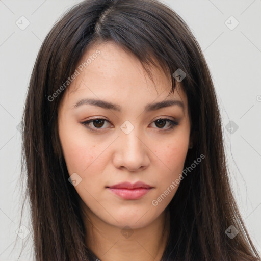 Neutral white young-adult female with long  brown hair and brown eyes