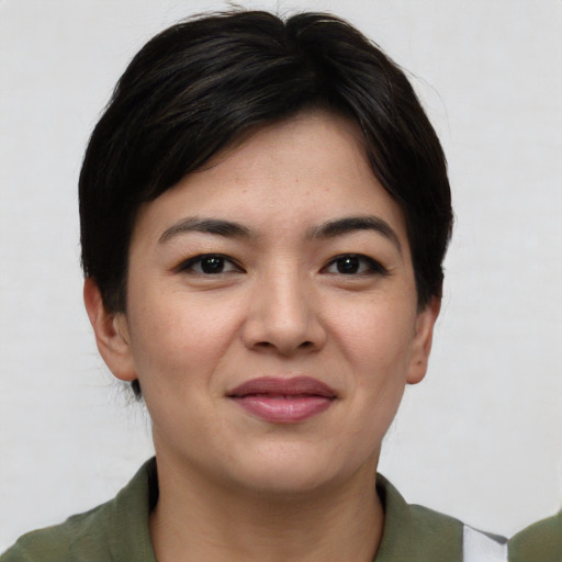 Joyful asian young-adult female with short  black hair and brown eyes