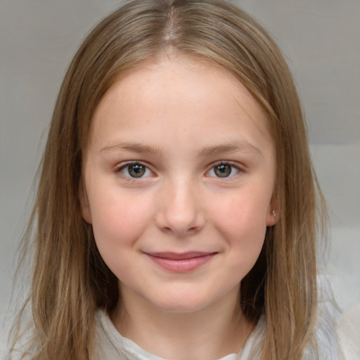 Joyful white child female with medium  brown hair and brown eyes