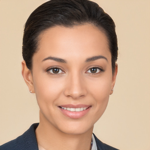 Joyful white young-adult female with short  black hair and brown eyes