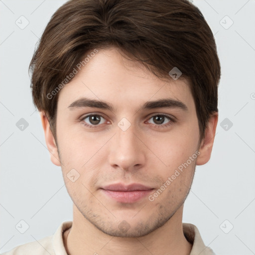 Neutral white young-adult male with short  brown hair and brown eyes