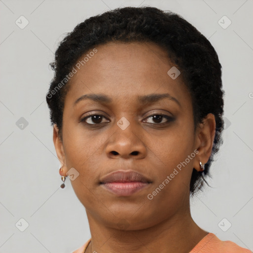 Neutral black young-adult female with short  brown hair and brown eyes