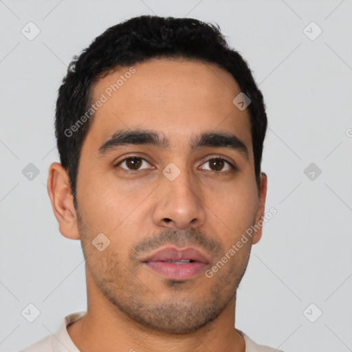 Neutral latino young-adult male with short  black hair and brown eyes