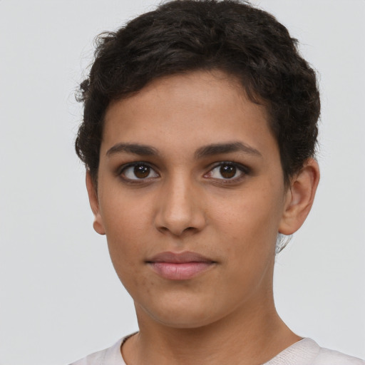 Neutral latino young-adult female with short  brown hair and brown eyes
