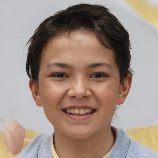 Joyful white child female with short  brown hair and brown eyes