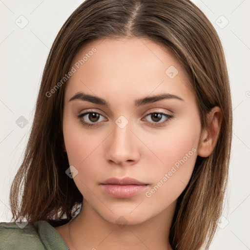 Neutral white young-adult female with long  brown hair and brown eyes