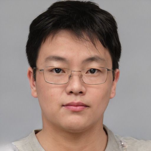 Neutral asian adult male with short  brown hair and brown eyes