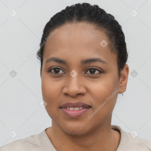 Joyful latino young-adult female with short  black hair and brown eyes