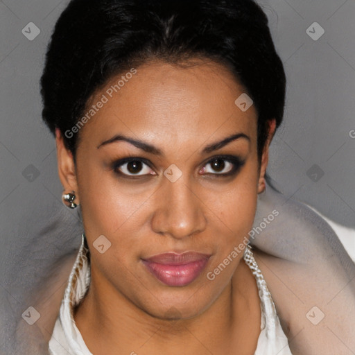 Joyful black young-adult female with short  brown hair and brown eyes