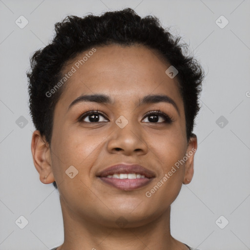 Joyful latino young-adult female with short  brown hair and brown eyes