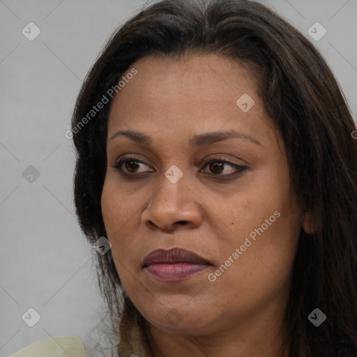 Joyful black adult female with long  brown hair and brown eyes