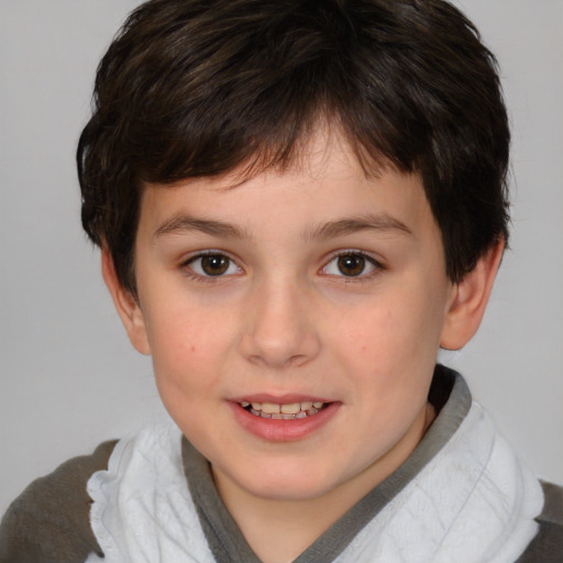 Joyful white child female with short  brown hair and brown eyes