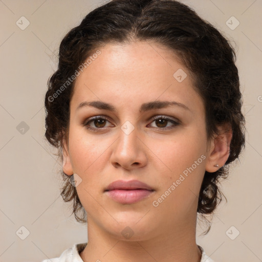 Neutral white young-adult female with medium  brown hair and brown eyes