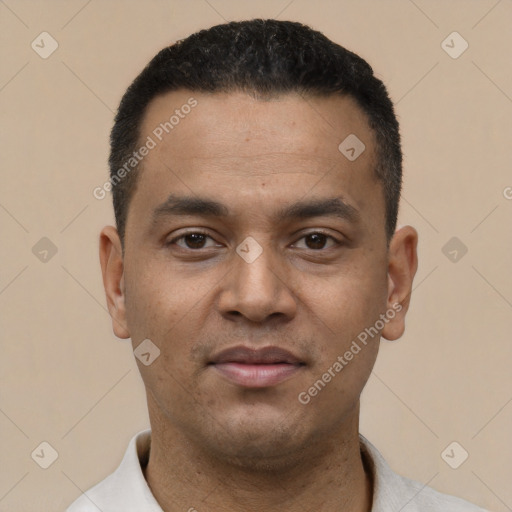 Neutral latino young-adult male with short  black hair and brown eyes